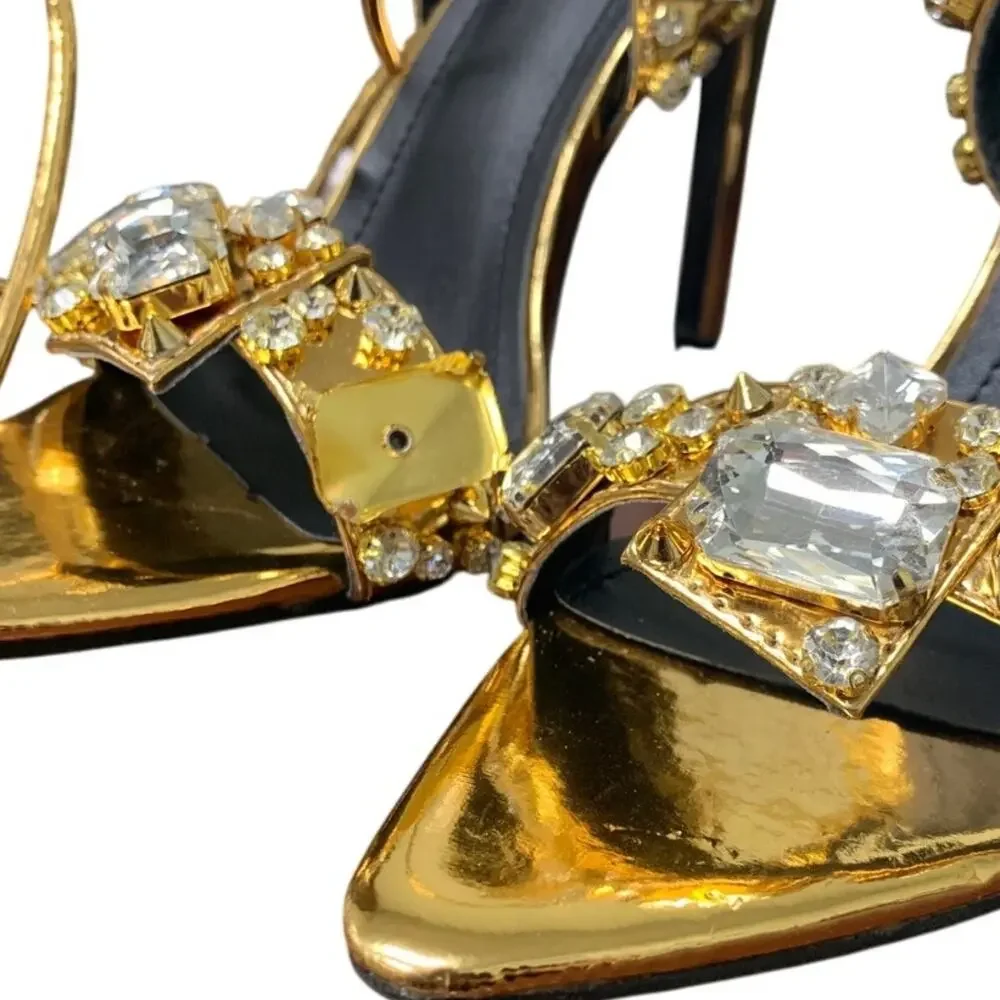 Kluolandi Womens Size 9.5 Gold Shiny Jewel Ankle Strap 5" Heel Shoes Missing Gem - Picture 6 of 7